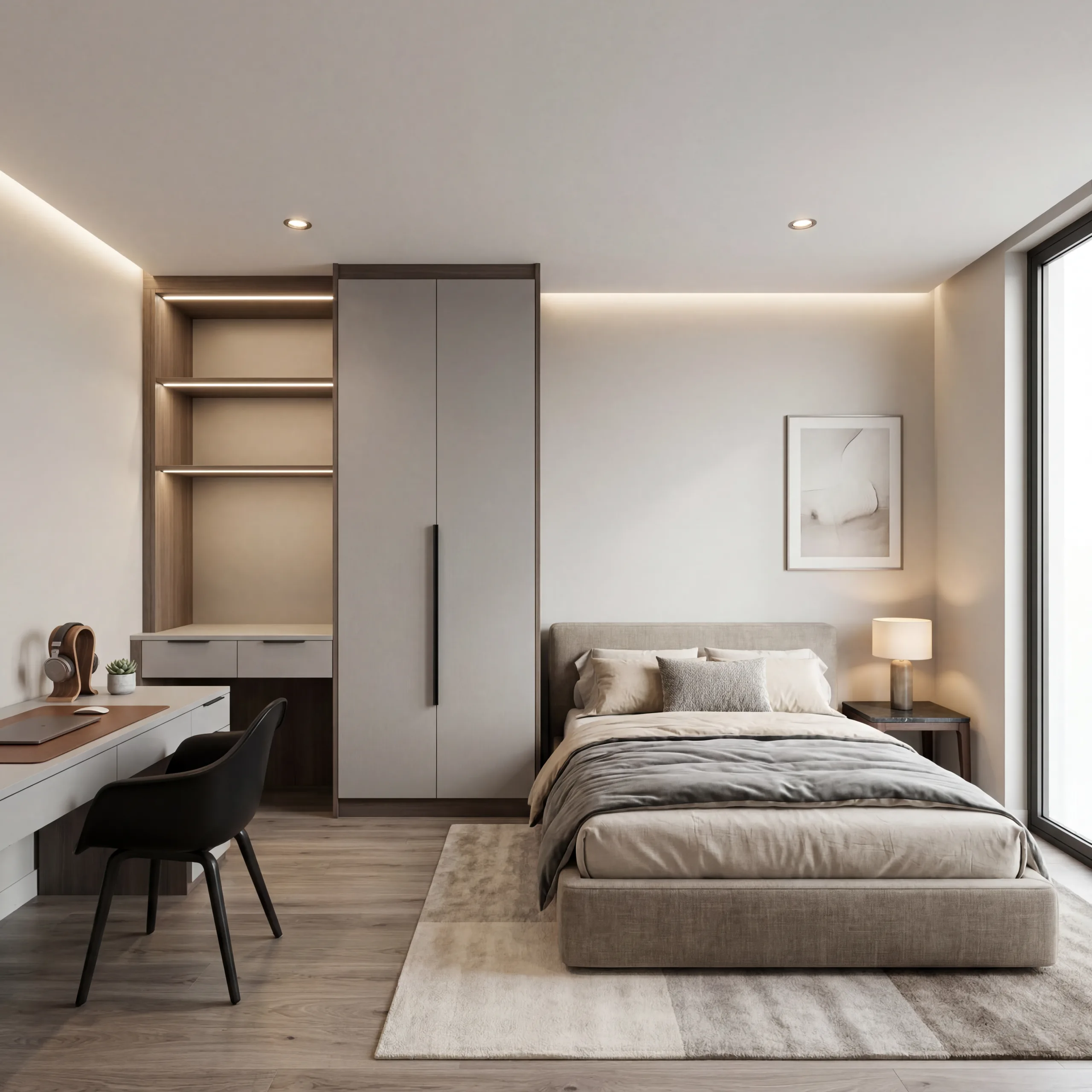 Firefly_Gemini Flash_Transform this image into a high-end luxury modern bedroom interior._Keep the wardrob 997462