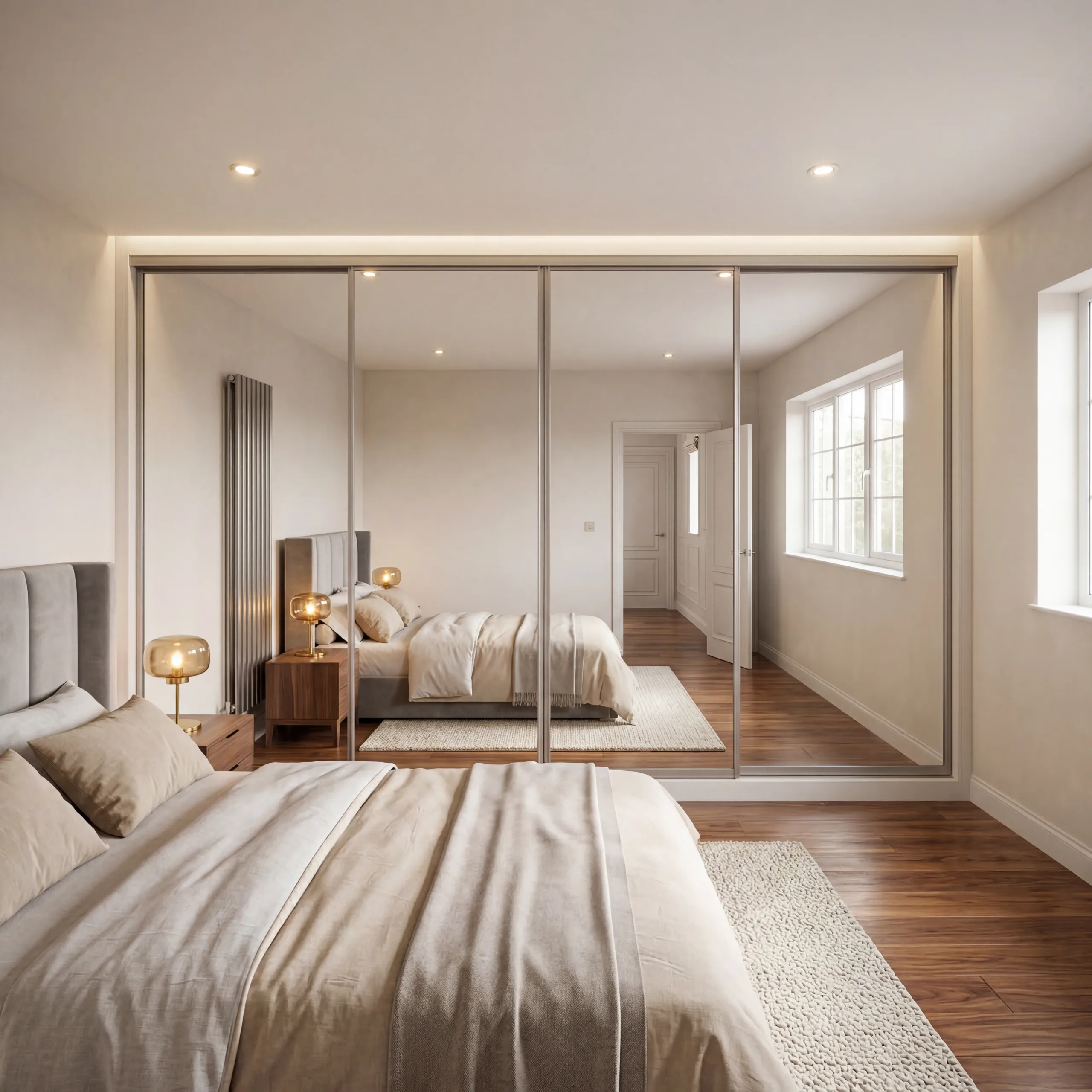 Firefly_Transform this image into a high-end luxury modern bedroom interior._Keep the mirrore 997462